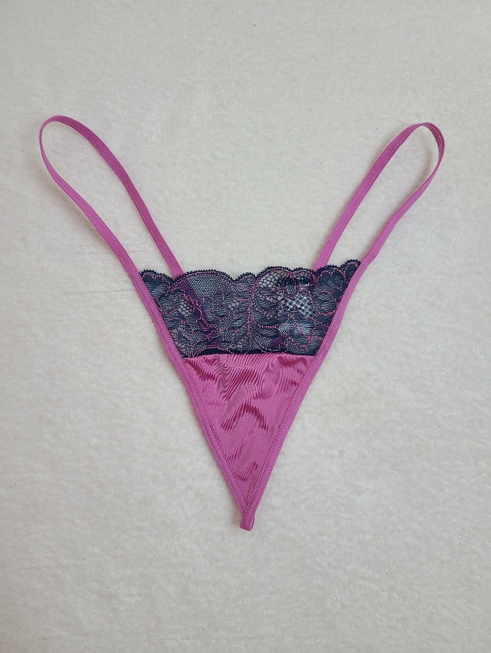 VTG Frederick's Silky Satin Lace Micro Mini V-string Thong Panty Size XL